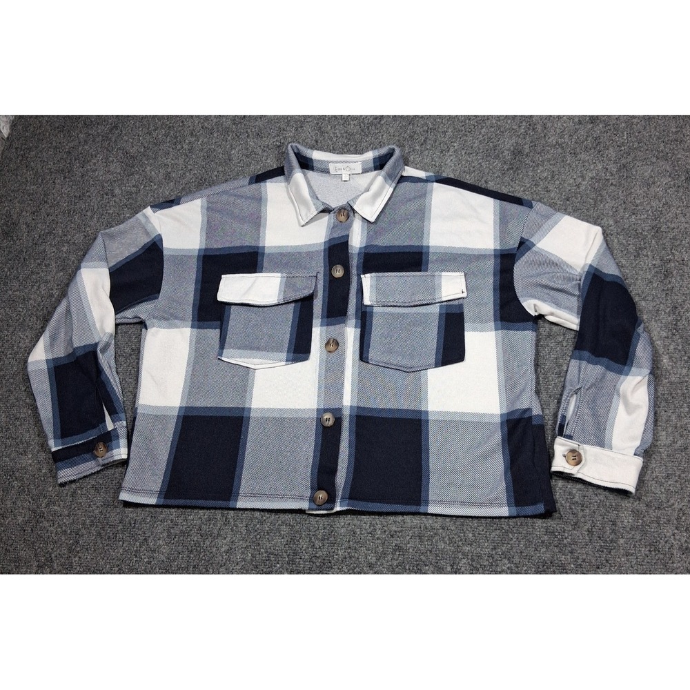 Eden & Olivia Blue Plaid Cropped Shacket Button Front Jacket Womens Large - Picture 2 of 12